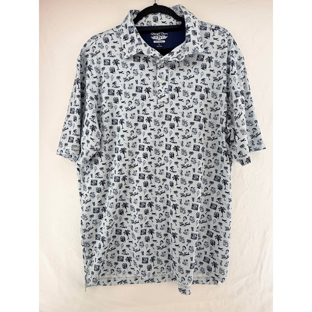 Straight Down Mens Large Performance Polo Shirt Blue Vintage Hawaiian Sea Foods